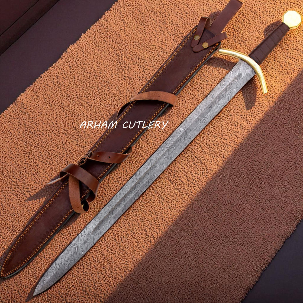 Kingsguard Damascus Medieval Sword with Full Tang Blade and Leather Sheath – Arham Cutlery