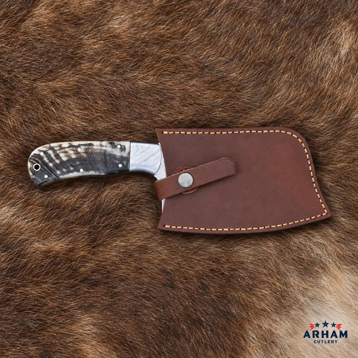 Ramcrest Forge Damascus Cleaver Knife – Ram Horn Handle Arham Cutlery