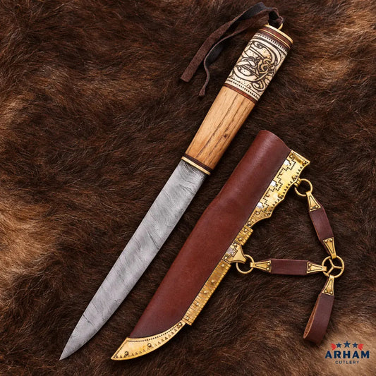 Knotbone Raven Viking Seax Knife – Damascus Steel Wood & Bone Handle Arham Cutlery
