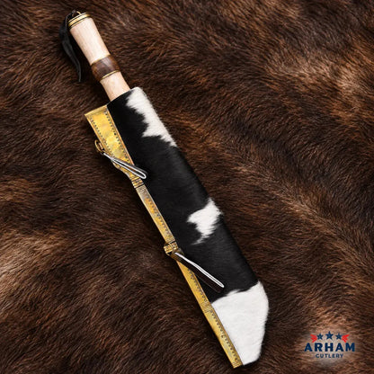 Goatskin Raven Viking Seax Knife – Damascus Steel & Wood Handle Arham Cutlery
