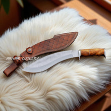 Cargar imagen en el visor de la galería, 15-inch Handmade Kukri Machete Knife with Leaf Pattern Blade and Rosewood Handle – Arham Cutlery
