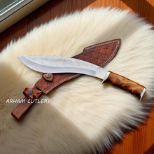 Cargar imagen en el visor de la galería, 15-inch Handmade Kukri Machete Knife with Leaf Pattern Blade and Rosewood Handle – Arham Cutlery
