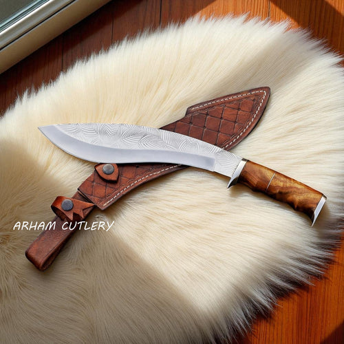 15-inch Handmade Kukri Machete Knife with Leaf Pattern Blade and Rosewood Handle – Arham Cutlery