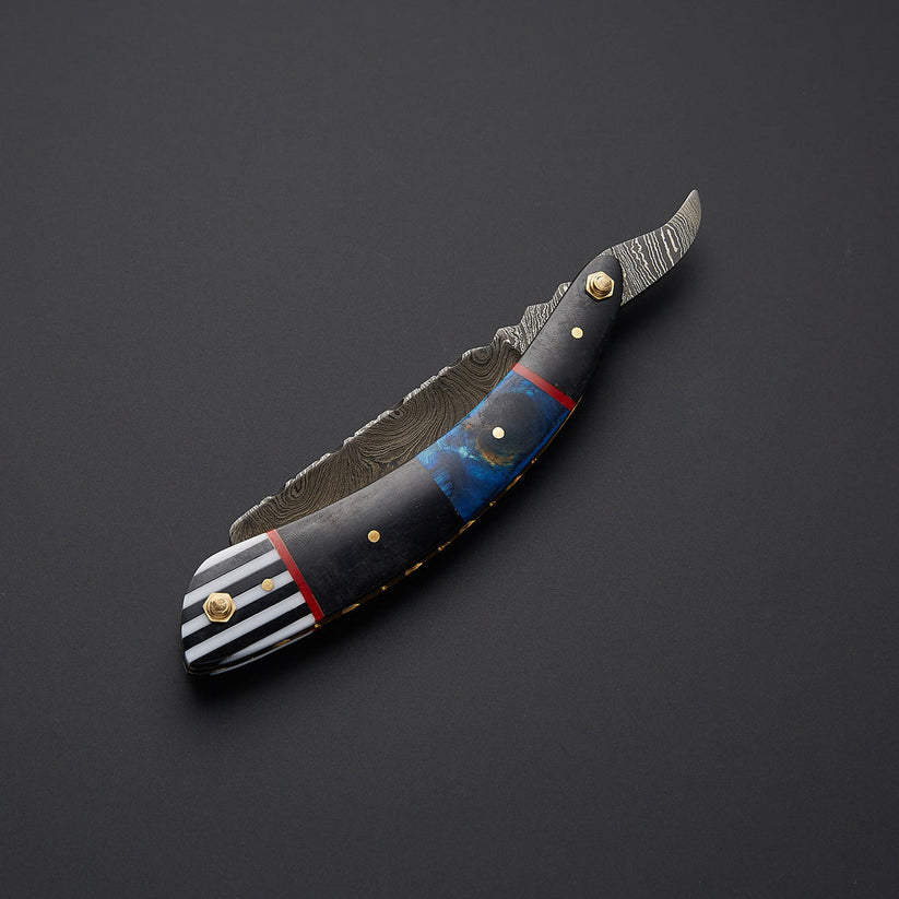 Custom Handmade Damascus Steel Straight Razor – Twist Damascus Blade, Resin & Bone Handle with Leather Sheath - Arham Cutlery