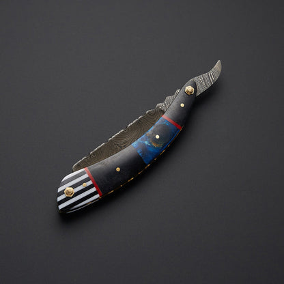 Custom Handmade Damascus Steel Straight Razor – Twist Damascus Blade, Resin & Bone Handle with Leather Sheath - Arham Cutlery