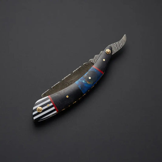 Custom Handmade Damascus Steel Straight Razor – Twist Damascus Blade, Resin & Bone Handle with Leather Sheath - Arham Cutlery
