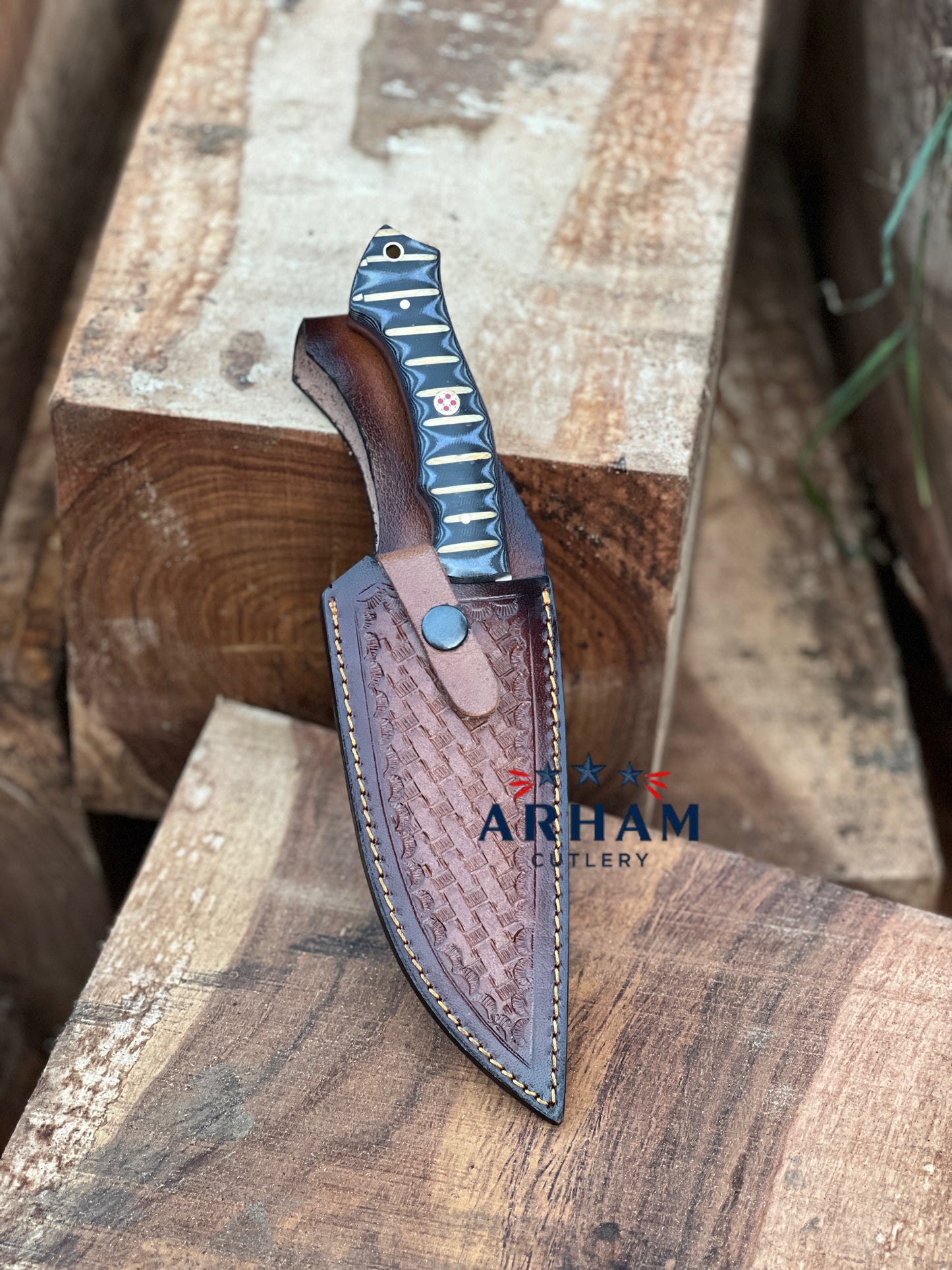 Handmade 11" D2 Steel Hunting Knife – Micarta Handle & Leather Sheath