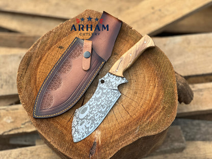 Handmade 11" D2 Steel Hunting Knife – Olive Wood Handle, Etched Blade & Leather Sheath | ARHAM CUTLERY