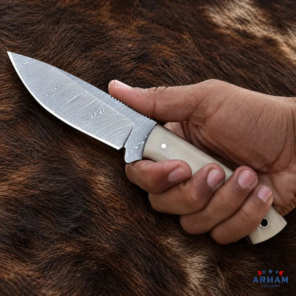 Bone Bushcrest Damascus Bushcraft Knife – Natural Bone Handle Arham Cutlery