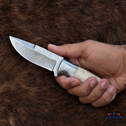 Bonecrest Rounder™ Damascus Hunting Knife – Natural Bone Handle Arham Cutlery