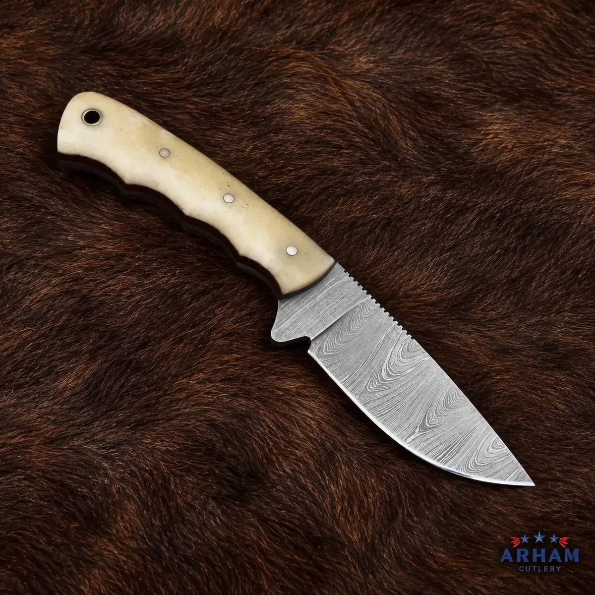 Bone Archcrest™ Damascus Hunting Knife – Natural Bone Handle Arham Cutlery