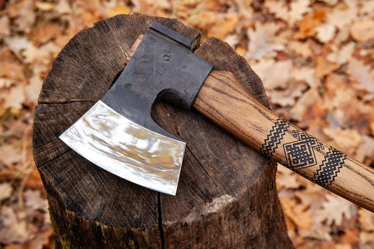 Nordic Forest Camp Axe – Handmade Carbon Steel Hiking Hatchet with Carved Ash Handle Arham Cutlery