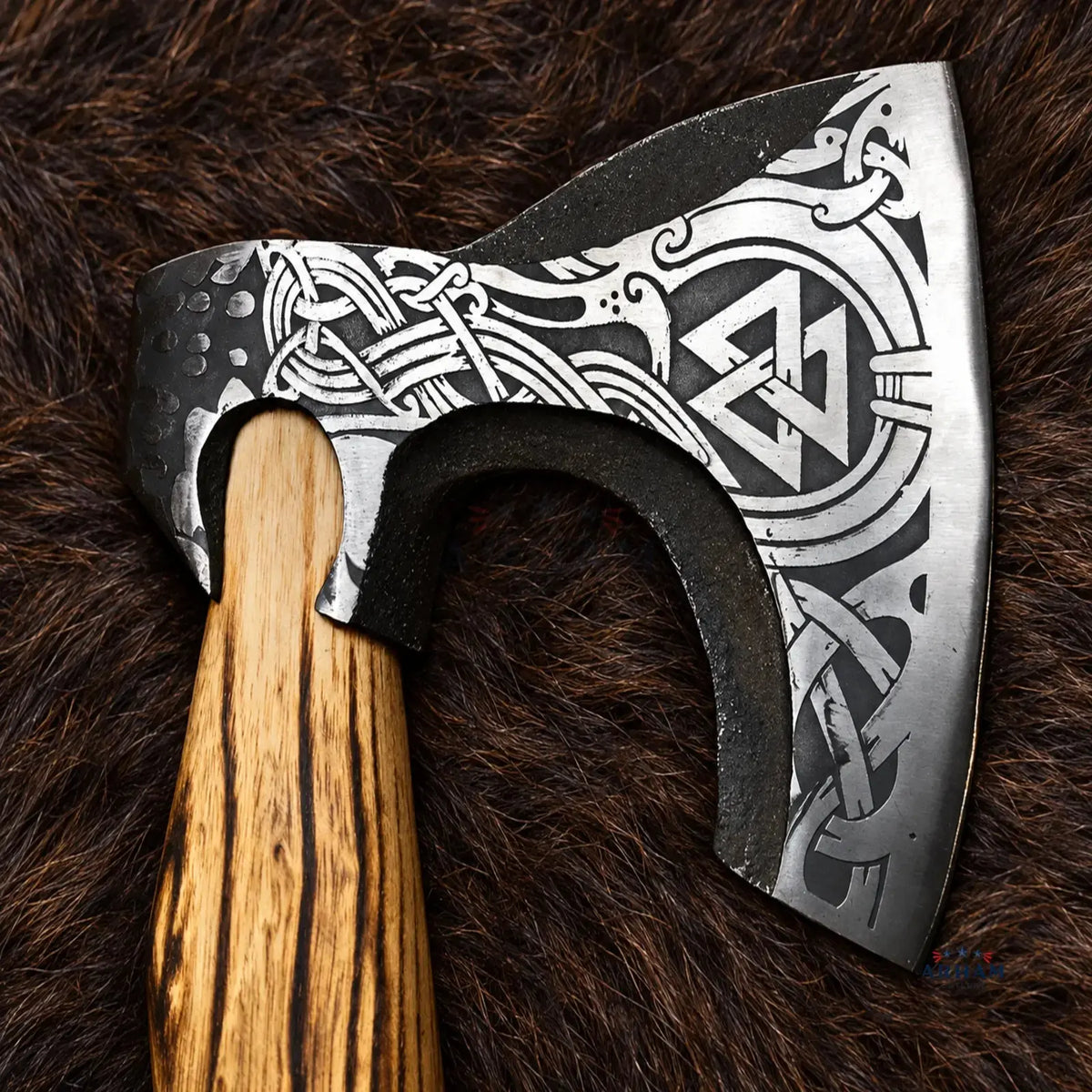 Ashwood Varangian Engraved Hand-Forged Viking Axe – Carbon Steel & Ash Wood Arham Cutlery