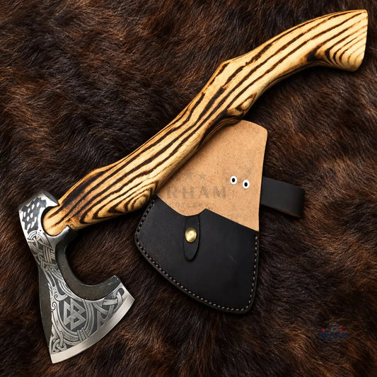 Ashwood Varangian Engraved Hand-Forged Viking Axe – Carbon Steel & Ash Wood Arham Cutlery