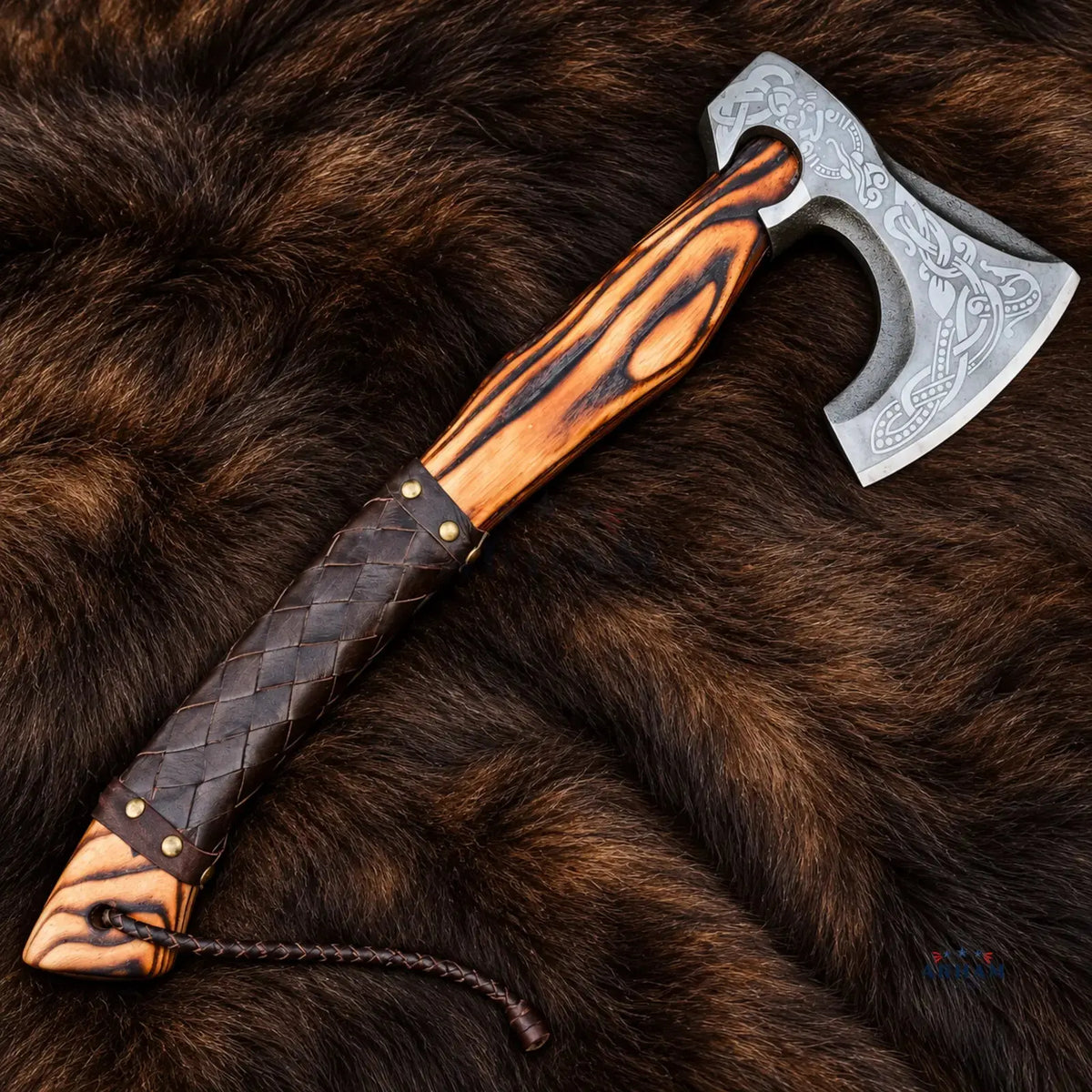Ashwood Ravenmark Hand-Forged Viking Axe – Engraved Carbon Steel & Ash Wood Arham Cutlery
