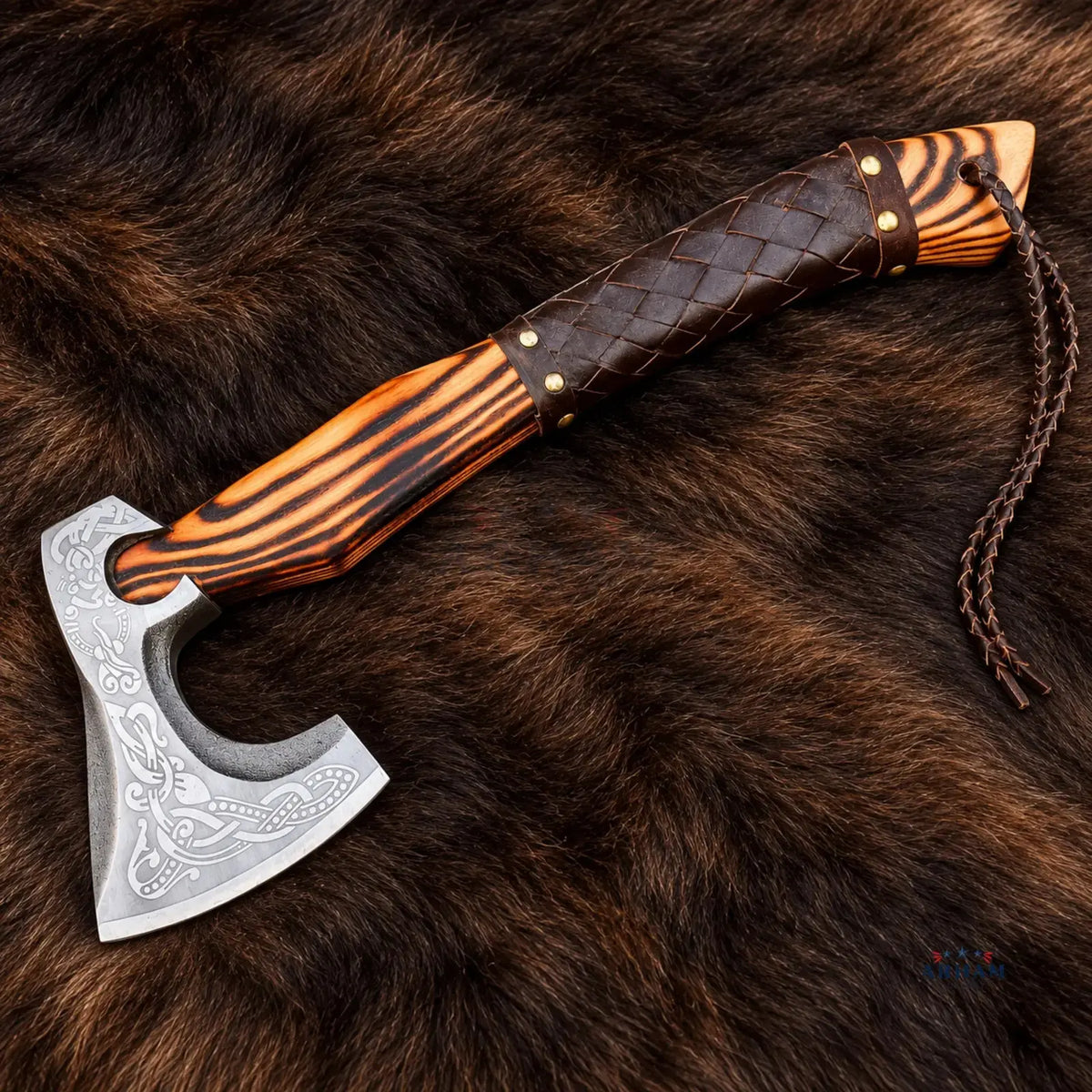Ashwood Ravenmark Hand-Forged Viking Axe – Engraved Carbon Steel & Ash Wood Arham Cutlery