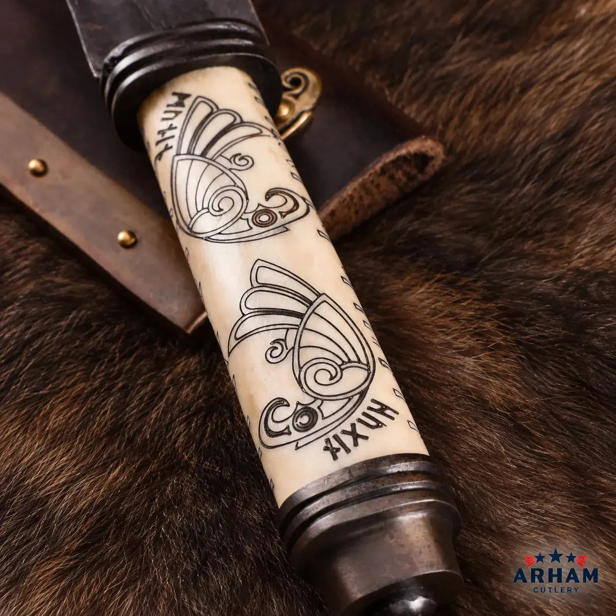 Twin Raven Viking Long Seax Knife – Carbon Steel & Etched Bone Handle Arham Cutlery