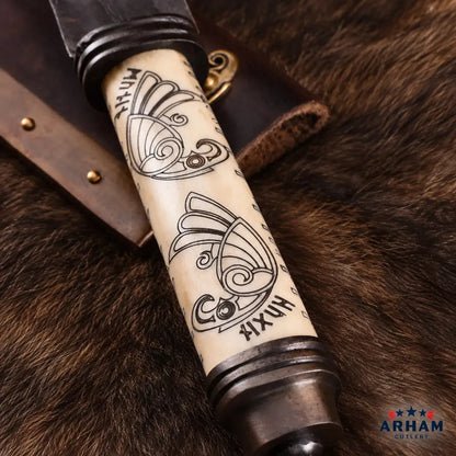 Twin Raven Viking Long Seax Knife – Carbon Steel & Etched Bone Handle Arham Cutlery