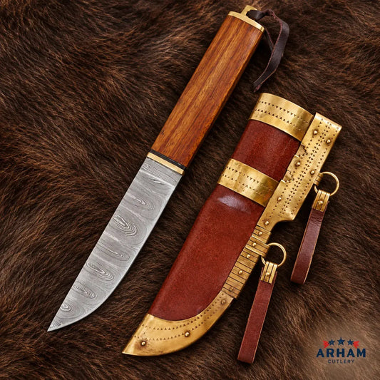 Norsewood Raven Viking Seax Knife – Damascus Steel & Wood Handle Arham Cutlery
