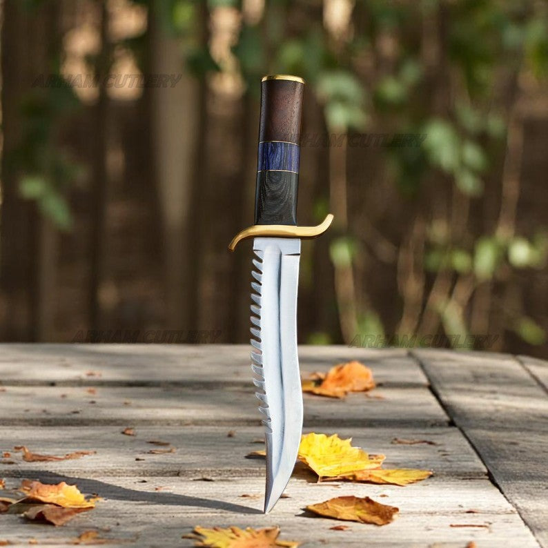 Hand-stitched brown leather sheath for handmade bowie knife on wood background – Arham Cutlery