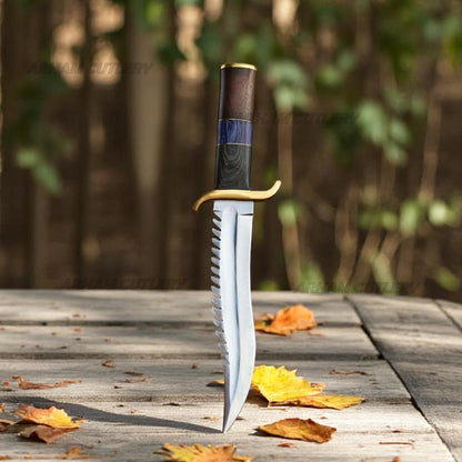 Hand-stitched brown leather sheath for handmade bowie knife on wood background – Arham Cutlery