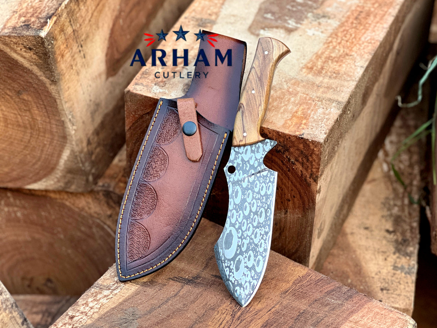 Handmade 11" D2 Steel Hunting Knife – Olive Wood Handle, Etched Blade & Leather Sheath | ARHAM CUTLERY