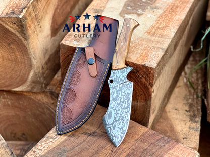 Handmade 11" D2 Steel Hunting Knife – Olive Wood Handle, Etched Blade & Leather Sheath | ARHAM CUTLERY