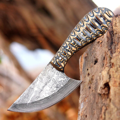 Hand Forged Damascus Steel Skinner Knife – 7" Bushcraft Hunting Knife with Pakka Wood Handle & Leather Sheath