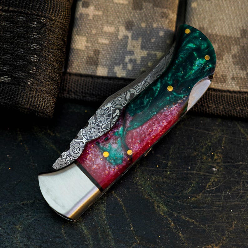 Handmade Damascus Pocket Folder with Colorful Resin Handle Arham Cutlery