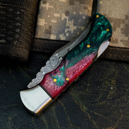 Handmade Damascus Pocket Folder with Colorful Resin Handle Arham Cutlery