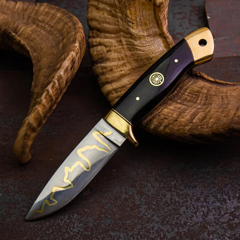 Handmade Hunting Knife with Brass Inlay Blade – Stainless Steel Fixed Blade Knife, Gloss Handle with Leather Sheath - Arham Cutlery
