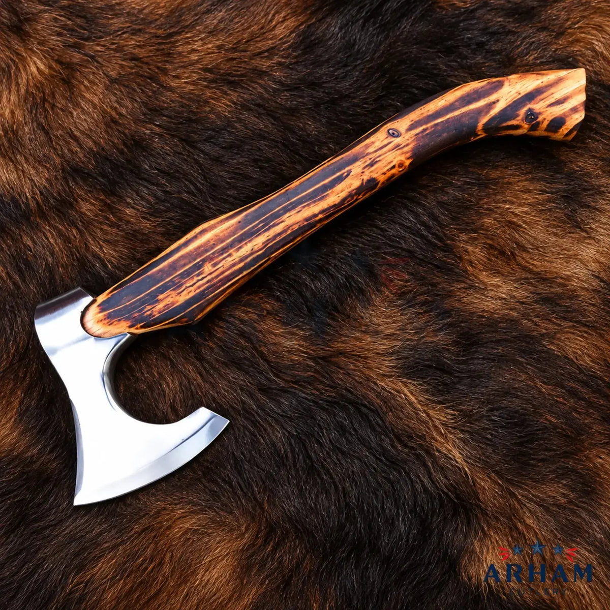 Ashwood Silvercrest™ Hand-Forged Viking Axe – Mirror-Polished Carbon Steel & Ash Wood Arham Cutlery