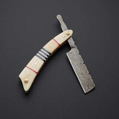 Custom Handmade Damascus Steel Straight Razor – Twist Damascus Blade with Bone Handle & Leather Sheath - Arham Cutlery
