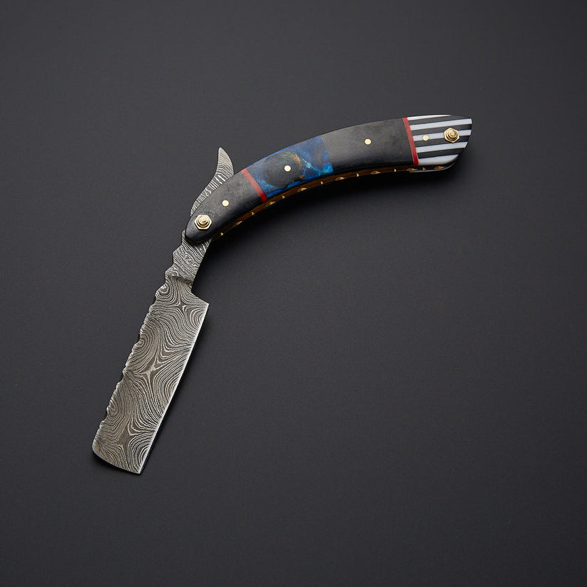 Custom Handmade Damascus Steel Straight Razor – Twist Damascus Blade, Resin & Bone Handle with Leather Sheath - Arham Cutlery