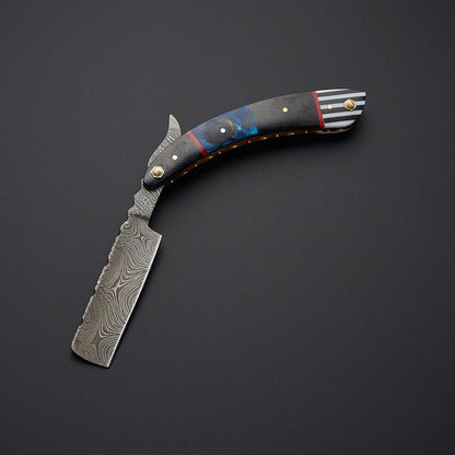 Custom Handmade Damascus Steel Straight Razor – Twist Damascus Blade, Resin & Bone Handle with Leather Sheath - Arham Cutlery