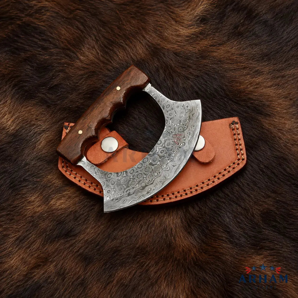 Rosecrest Ulu™ Handmade Damascus Ulu Knife with Rosewood Handle Arham Cutlery
