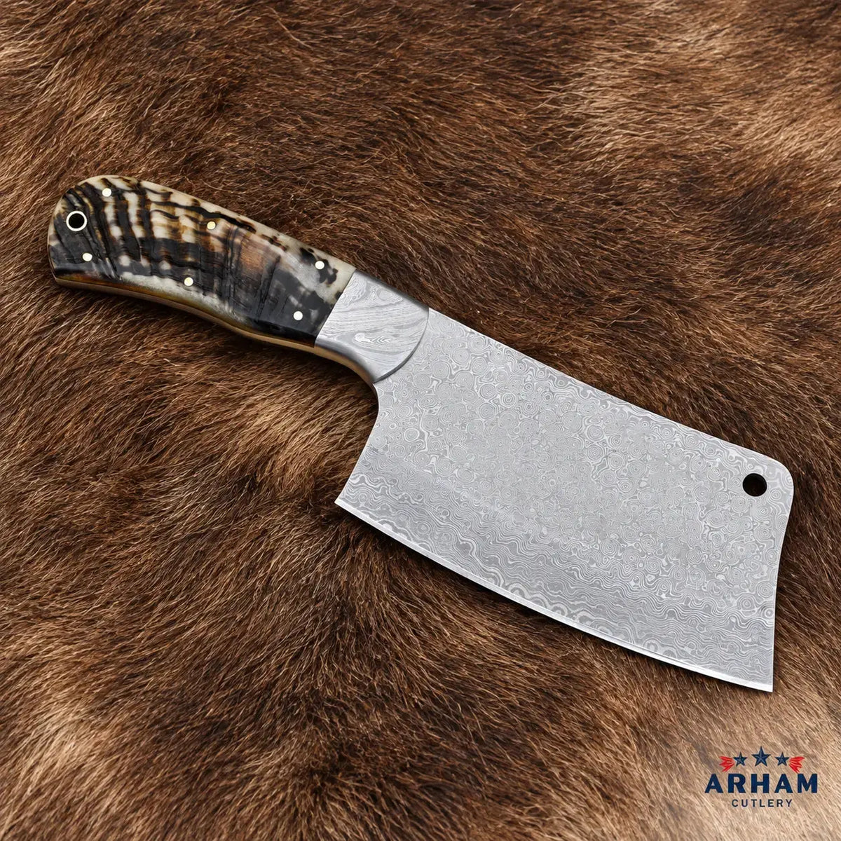 Ramcrest Forge Damascus Cleaver Knife – Ram Horn Handle Arham Cutlery