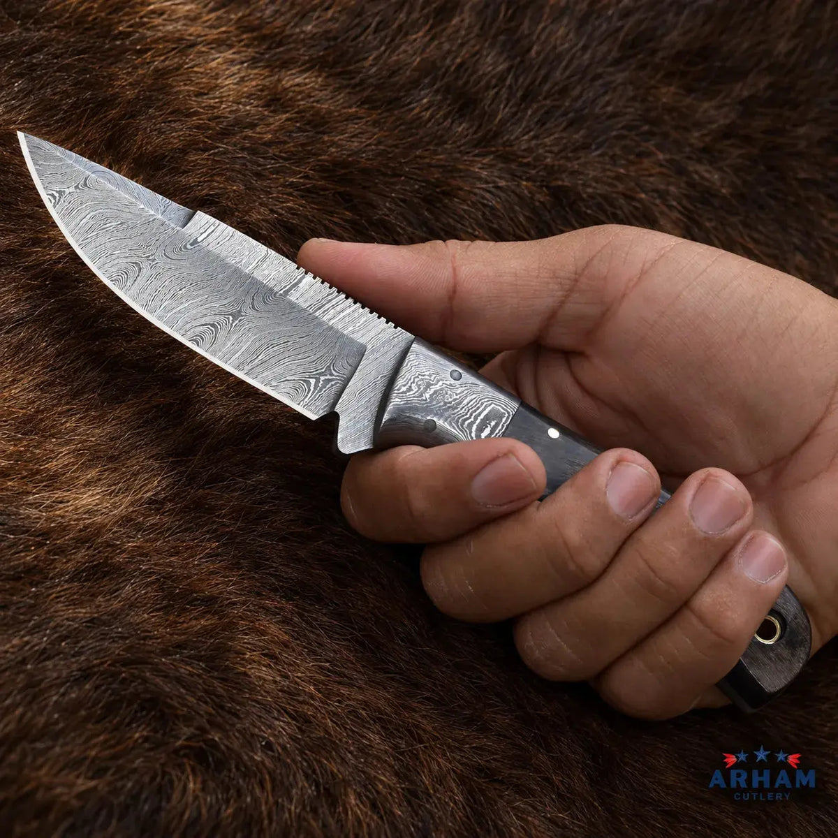 Ramhorn Ridge Damascus Hunting Knife – Ram Horn Handle Arham Cutlery