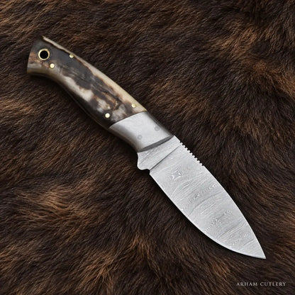 Ramhorn Trailcrest™ Damascus Hunting Knife – Ram Horn Handle Arham Cutlery