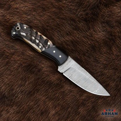 Ramcrest Blackforge Damascus Hunting Knife – Ram Horn & Micarta Handle Arham Cutlery