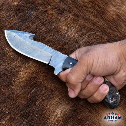 Ramforge Blackcrest Damascus Skinning Knife – Ram Horn & Micarta Handle Arham Cutlery