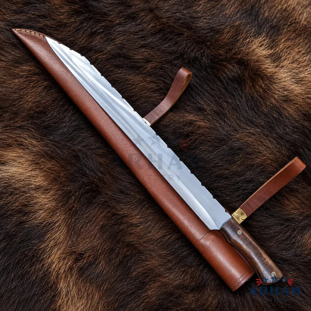 A large fixed-blade knife with a silver serrated blade, dark wood handle, and brown leather sheath, laid diagonally on a brown fur background.