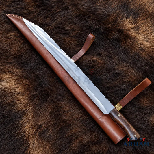 A large fixed-blade knife with a silver serrated blade, dark wood handle, and brown leather sheath, laid diagonally on a brown fur background.