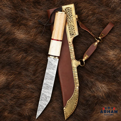 Ravenback Viking Seax Knife – Broken Back Damascus & Bone Handle Arham Cutlery