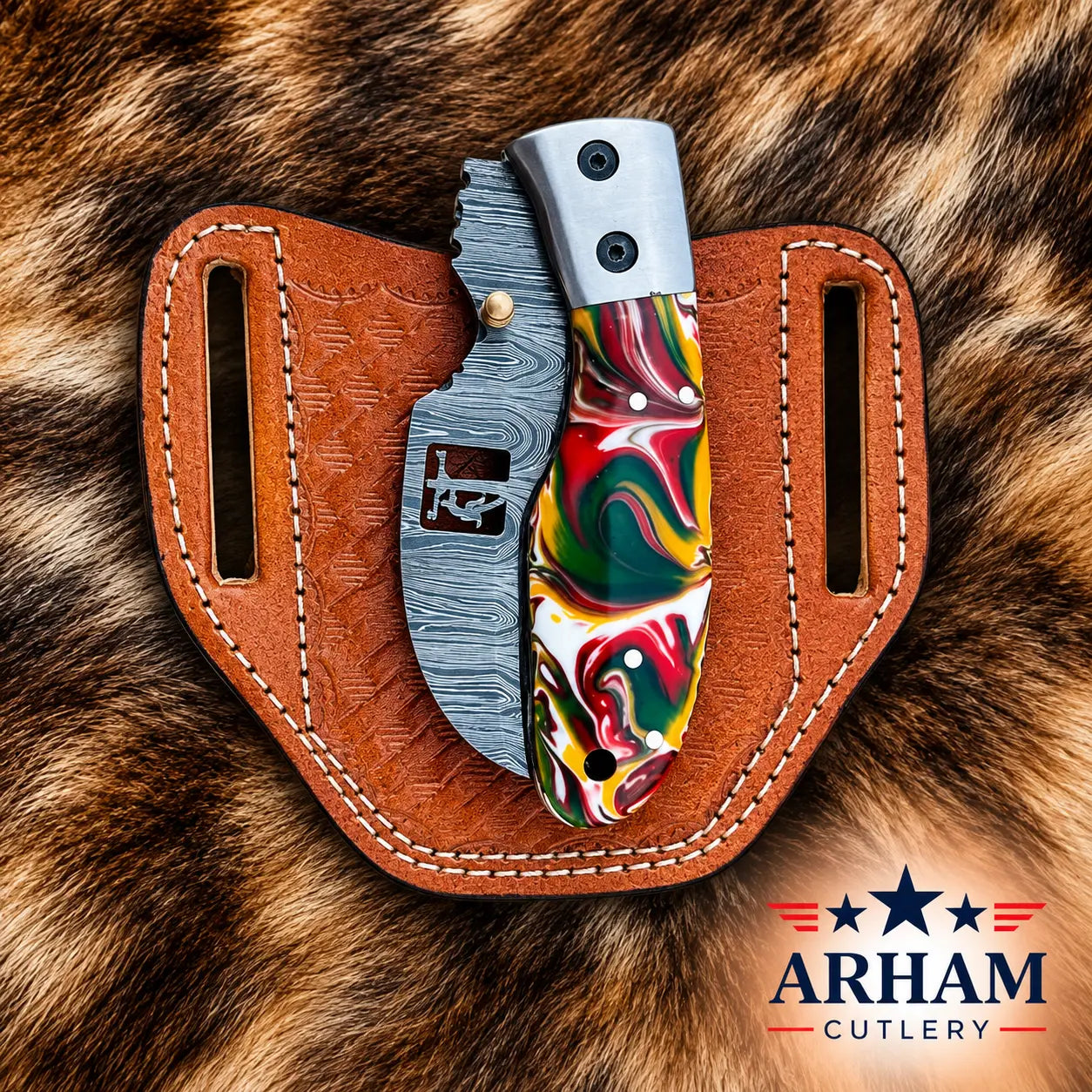A folding pocket knife with a marbled multicolor handle and a textured gray metal blade, displayed in a brown leather sheath on a brown fur background. The Arham Cutlery logo is visible in the bottom right corner.