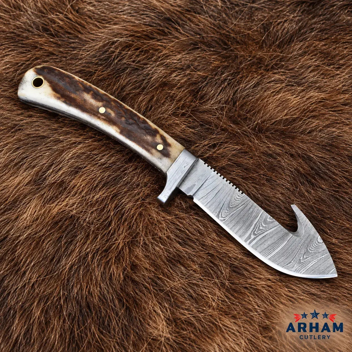Redstag Guthorn Damascus Gut Hook Skinning Knife – Stag Handle Arham Cutlery