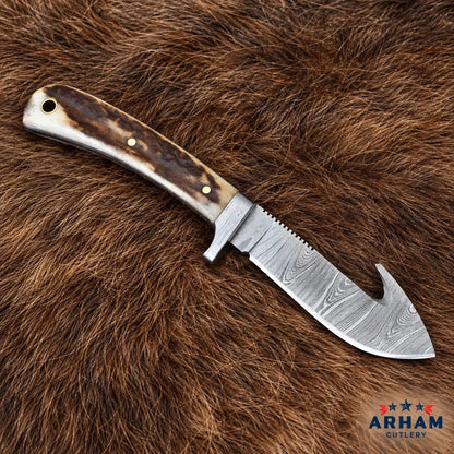 Redstag Guthorn Damascus Gut Hook Skinning Knife – Stag Handle Arham Cutlery