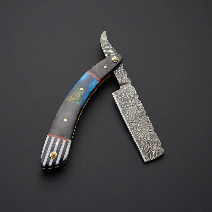 Custom Handmade Damascus Steel Straight Razor – Twist Damascus Blade, Resin & Bone Handle with Leather Sheath - Arham Cutlery