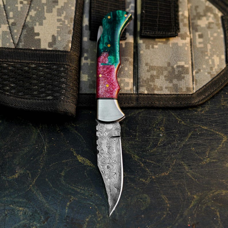 Handmade Damascus Pocket Folder with Colorful Resin Handle Arham Cutlery