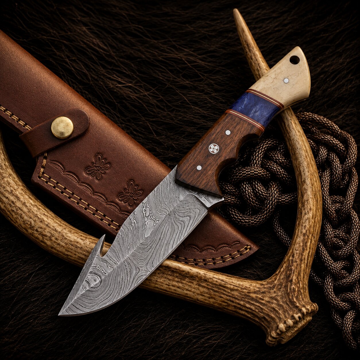 A fixed-blade knife with a patterned steel blade, a dark wood handle with a blue inlay, and brass pins, displayed diagonally across a brown leather sheath, a light wood antler, and a brown braided cord on a dark fur background.